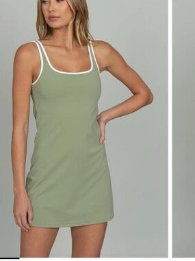 Never Worn! Sleeveless Olive Green Tank Dress with White Trim